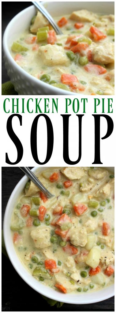 White bowl with spoon with chicken pot pie soup in it. CHICKEN POT PIE SOUP - a deliciously simple soup recipe made from scratch. A fantastic classic comfort food brought to you in bowl.