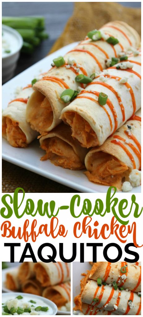 Slow Cooker Buffalo Chicken Taquitos are an easy meal to make. Enjoy all of the classic flavors from Buffalo Chicken Wings rolled up into a baked taquito. Slow Cooker Buffalo Chicken Taquitos pinterest image