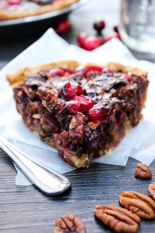 Chocolate Pecan Cranberry Pie, pie crust with chocolate pecan cranberries filling