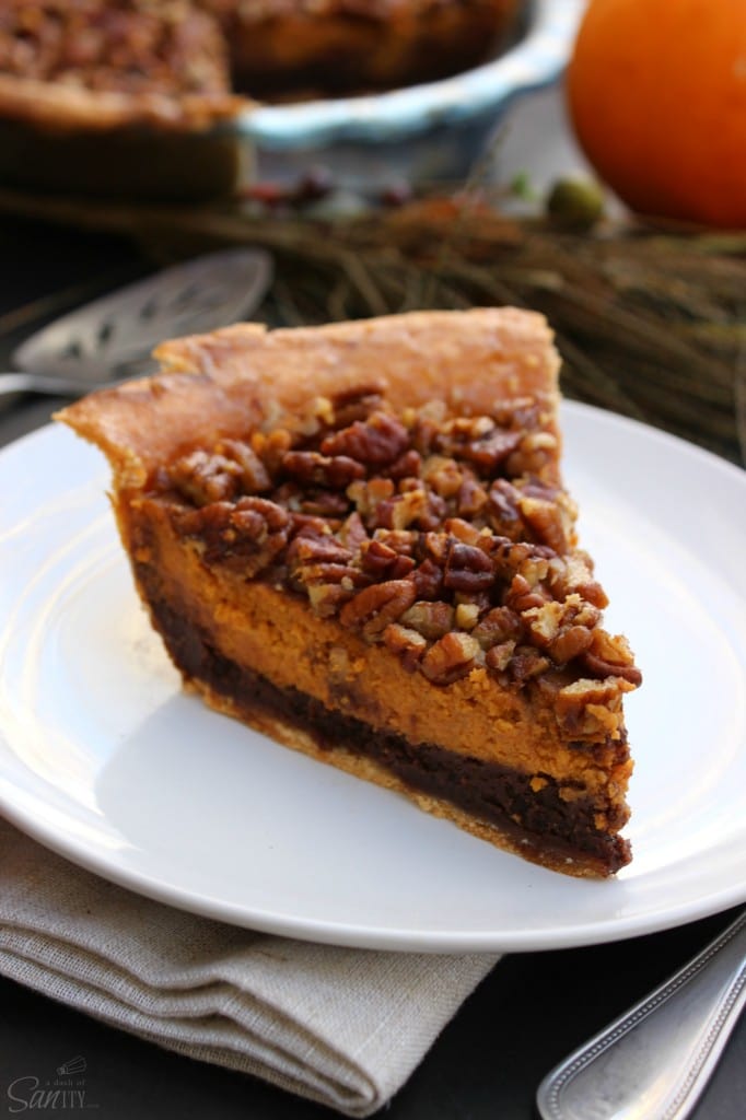 Chocolate Pecan Pumpkin Pie brownie, pie crust, pumpkin pie filling, pecans
