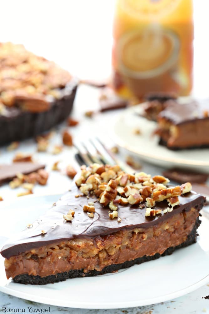 No-Bake Chocolate Pecan Pie oreo pie crust, chocolate cheesecake, pecan pie filling, chocolate ganache