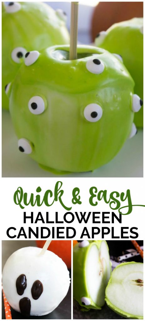 These Quick & Easy Halloween Candied Apples are so much fun to make with the kids. They will love this festive Halloween treat! Quick & Easy Halloween Candied Apples pinterest image