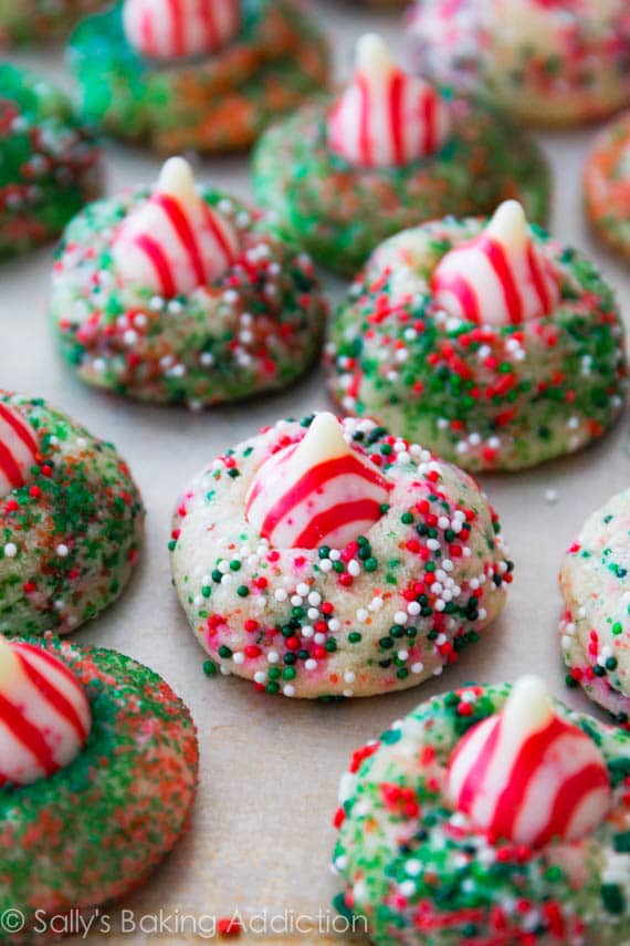 Red sprinkles, green spinkles, Candy cane Hershey kisses, sugar cookies, christmas cookies