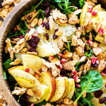 SPINACH SALAD WITH APPLES, PEARS, CRANBERRIES & CANDIED ALMONDS is not only easy & delicious, it also makes a gorgeous addition to the table setting.