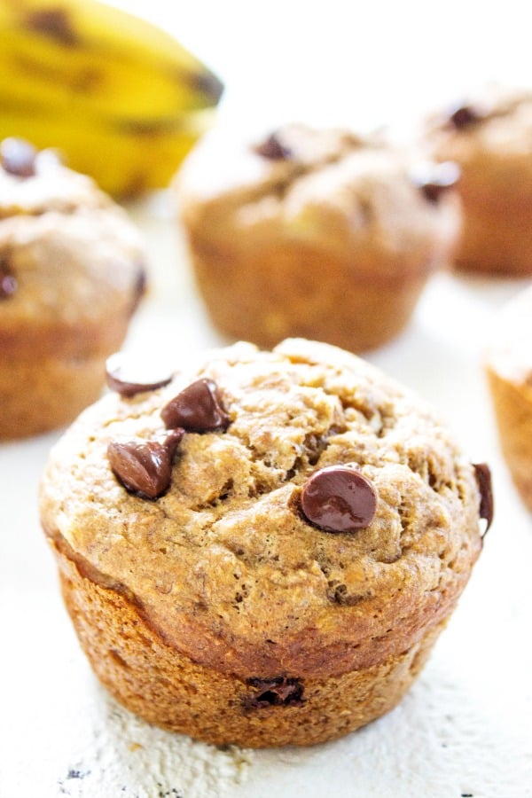 Easy, delicious & healthy these {HEALTHIER} BANANA CHOCOLATE CHIP MUFFINS are ready in 30 minutes making a great breakfast or snack.