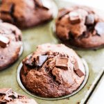 SKINNY DOUBLE CHOCOLATE BANANA MUFFINS - Made with whole grains, flax seed, Greek yogurt and dark chocolate, you will love this healthier delicious treat.