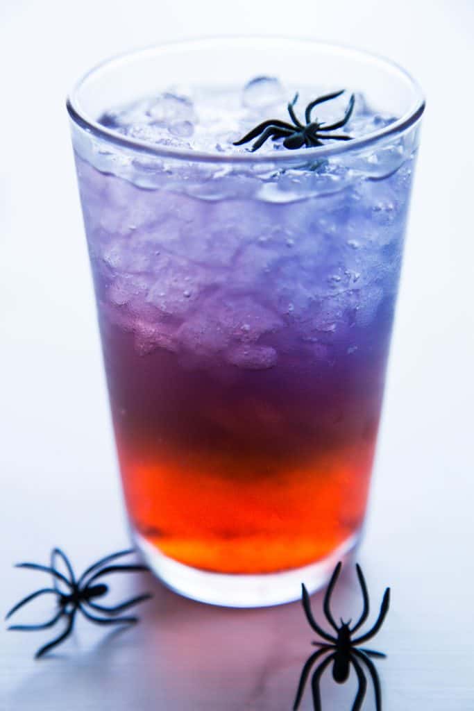 Only 3 simple ingredients, this Spider-Man Punch is a fun & a refreshing drink for movie night or a fun get together, making it the ultimate party punch. layered punch - red, blue and white with black spiders